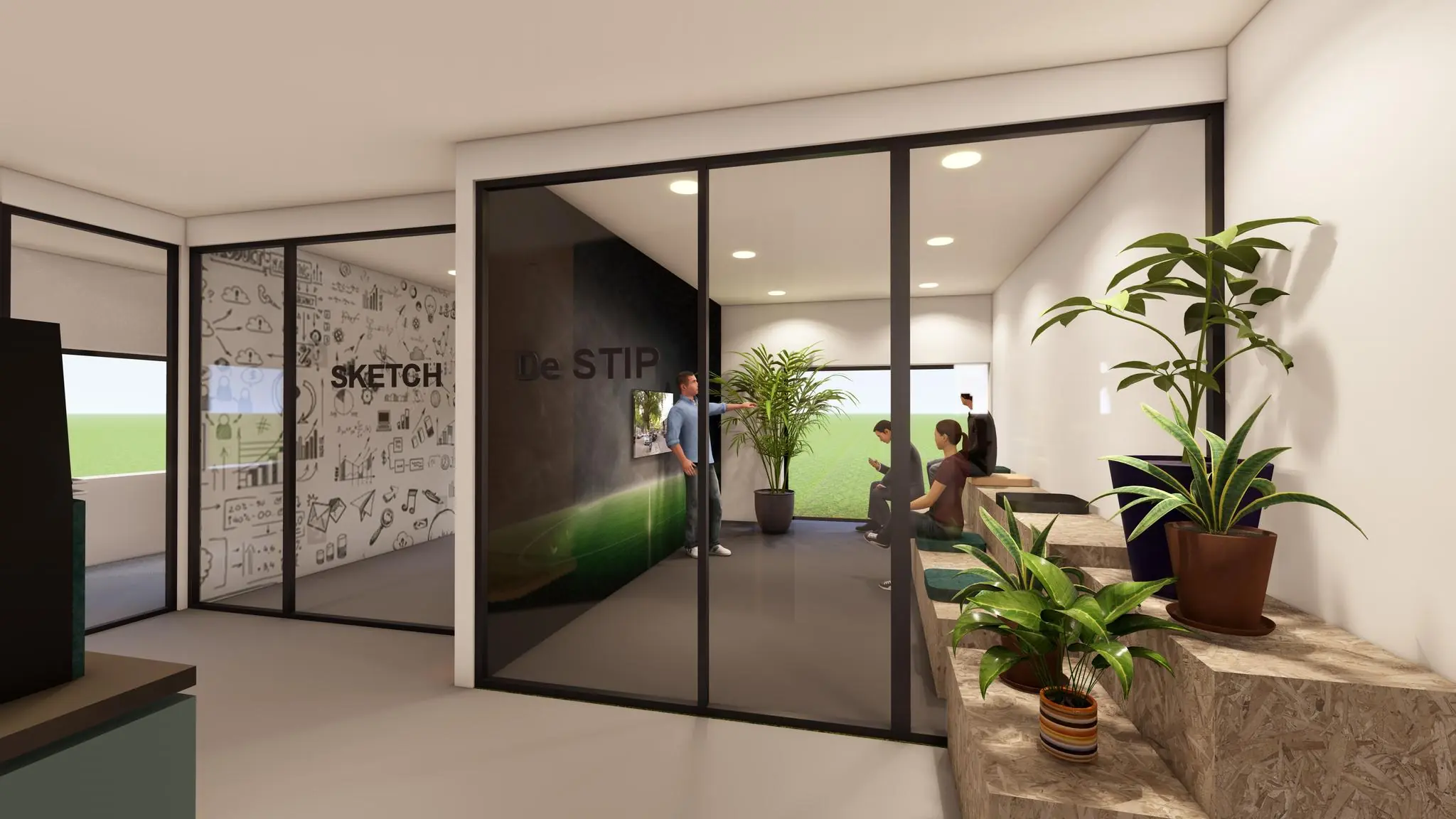 Moderne kantoorruimte aan de Marten Meesweg met vergaderruimtes genaamd 'De STIP' en 'SKETCH', ingericht met planten en overleggende mensen.